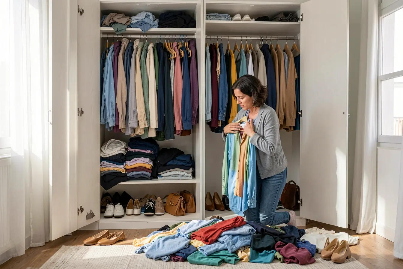 mulher-revisando-armario-cheio-e-comparando-roupas-esquecidas-com-pecas-organizadas-pela-regra-9090 No armário, a regra 90/90 ajuda a decidir o que merece continuar mulher-revisando-armario-cheio-e-comparando-roupas-esquecidas-com-pecas-organizadas-pela-regra-9090 No armário, a regra 90/90 ajuda a decidir o que merece continuar