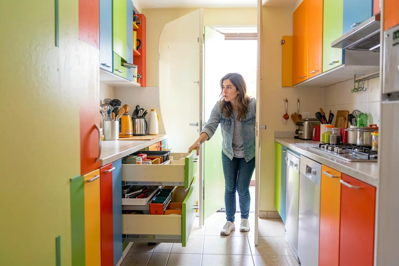 mulher-tentando-usar-gaveta-bloqueada-por-armario-aberto-em-cozinha-pequena-e-apertada Na cozinha pequena, os móveis que ajudam também podem apertar o ambiente mulher-tentando-usar-gaveta-bloqueada-por-armario-aberto-em-cozinha-pequena-e-apertada Na cozinha pequena, os móveis que ajudam também podem apertar o ambiente