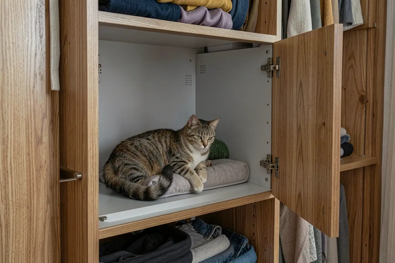 nicho-ventilado-e-lavavel-para-gato-dentro-de-armario-planejado-no-quarto Nichos, passagens e áreas de descanso: a marcenaria pensada para cães e gatos nicho-ventilado-e-lavavel-para-gato-dentro-de-armario-planejado-no-quarto Nichos, passagens e áreas de descanso: a marcenaria pensada para cães e gatos