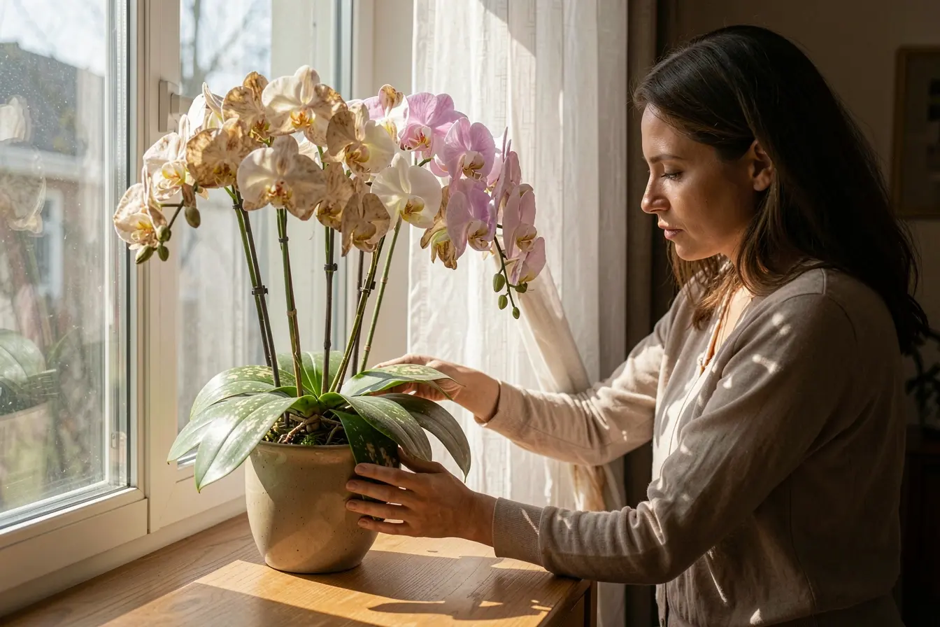 orquidea-prejudicada-pelo-sol-direto-e-protegida-por-cortina-leve-em-sala-iluminada A luz parece ideal, mas pode prejudicar suas flores dentro de casa orquidea-prejudicada-pelo-sol-direto-e-protegida-por-cortina-leve-em-sala-iluminada A luz parece ideal, mas pode prejudicar suas flores dentro de casa