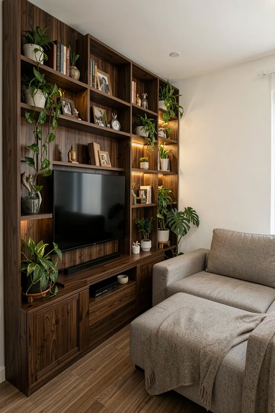 painel-de-madeira-escura-muito-largo-com-rack-e-decoracao-carregados-reduzindo-visualmente-uma-sala-pequena Painel de madeira em sala pequena: onde ele funciona sem pesar no ambiente painel-de-madeira-escura-muito-largo-com-rack-e-decoracao-carregados-reduzindo-visualmente-uma-sala-pequena Painel de madeira em sala pequena: onde ele funciona sem pesar no ambiente