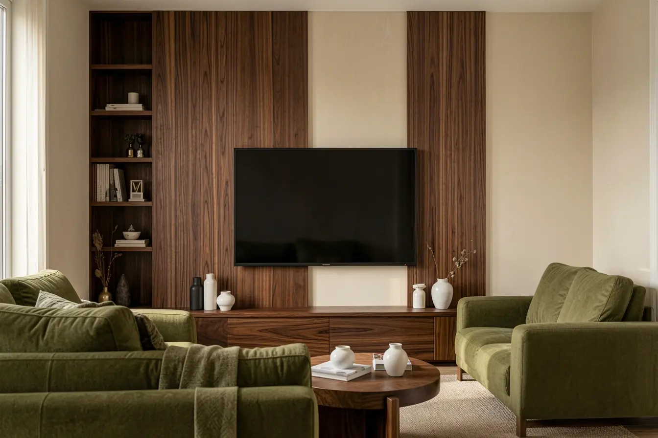 painel-de-madeira-escura-usado-como-moldura-da-televisao-em-sala-pequena-elegante-e-visualmente-equilibrada Painel de madeira em sala pequena: onde ele funciona sem pesar no ambiente painel-de-madeira-escura-usado-como-moldura-da-televisao-em-sala-pequena-elegante-e-visualmente-equilibrada Painel de madeira em sala pequena: onde ele funciona sem pesar no ambiente