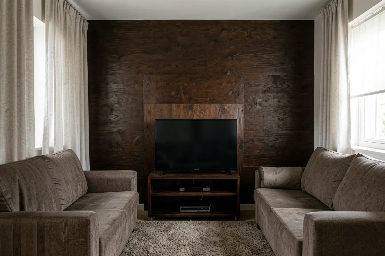 painel-escuro-e-largo-deixa-a-sala-visualmente-pesada-menor-e-com-circulacao-apertada Painel de madeira na sala: o tamanho pode valorizar ou sufocar o ambiente painel-escuro-e-largo-deixa-a-sala-visualmente-pesada-menor-e-com-circulacao-apertada Painel de madeira na sala: o tamanho pode valorizar ou sufocar o ambiente