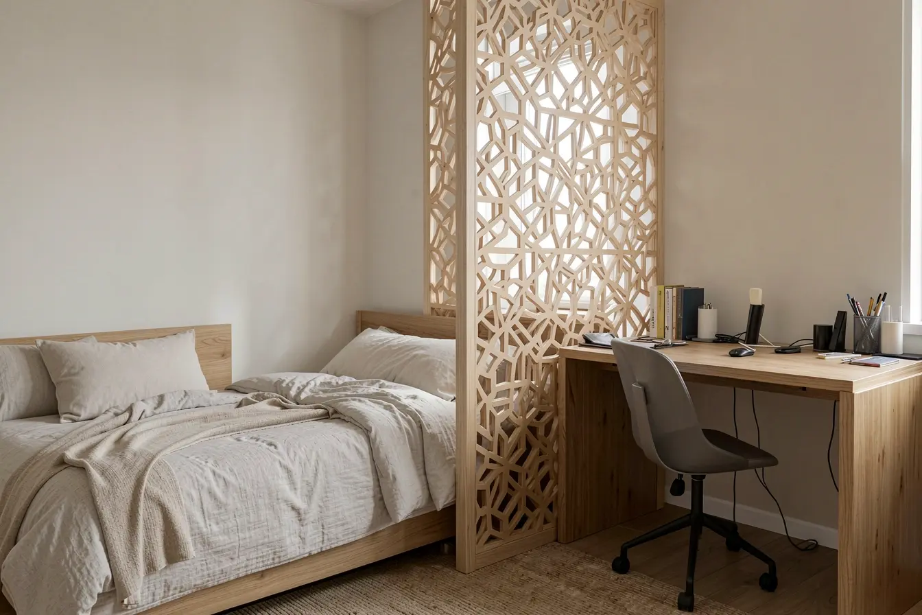 painel-vazado-organiza-cama-e-mesa-sem-bloquear-janela-nem-estreitar-a-circulacao Uma divisória leve pode separar trabalho e descanso sem escurecer o quarto painel-vazado-organiza-cama-e-mesa-sem-bloquear-janela-nem-estreitar-a-circulacao Uma divisória leve pode separar trabalho e descanso sem escurecer o quarto