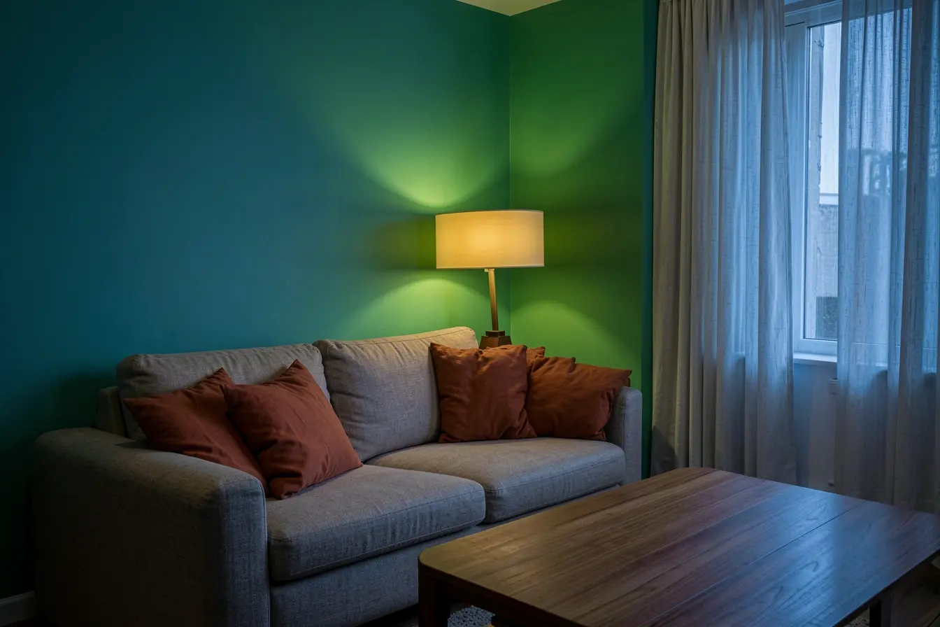 parede-azul-esverdeada-sob-luz-quente-do-abajur-e-luz-fria-da-janela-em-uma-sala-ao-anoitecer A luz da casa pode mudar a leitura do azul, da terracota e do verde parede-azul-esverdeada-sob-luz-quente-do-abajur-e-luz-fria-da-janela-em-uma-sala-ao-anoitecer A luz da casa pode mudar a leitura do azul, da terracota e do verde