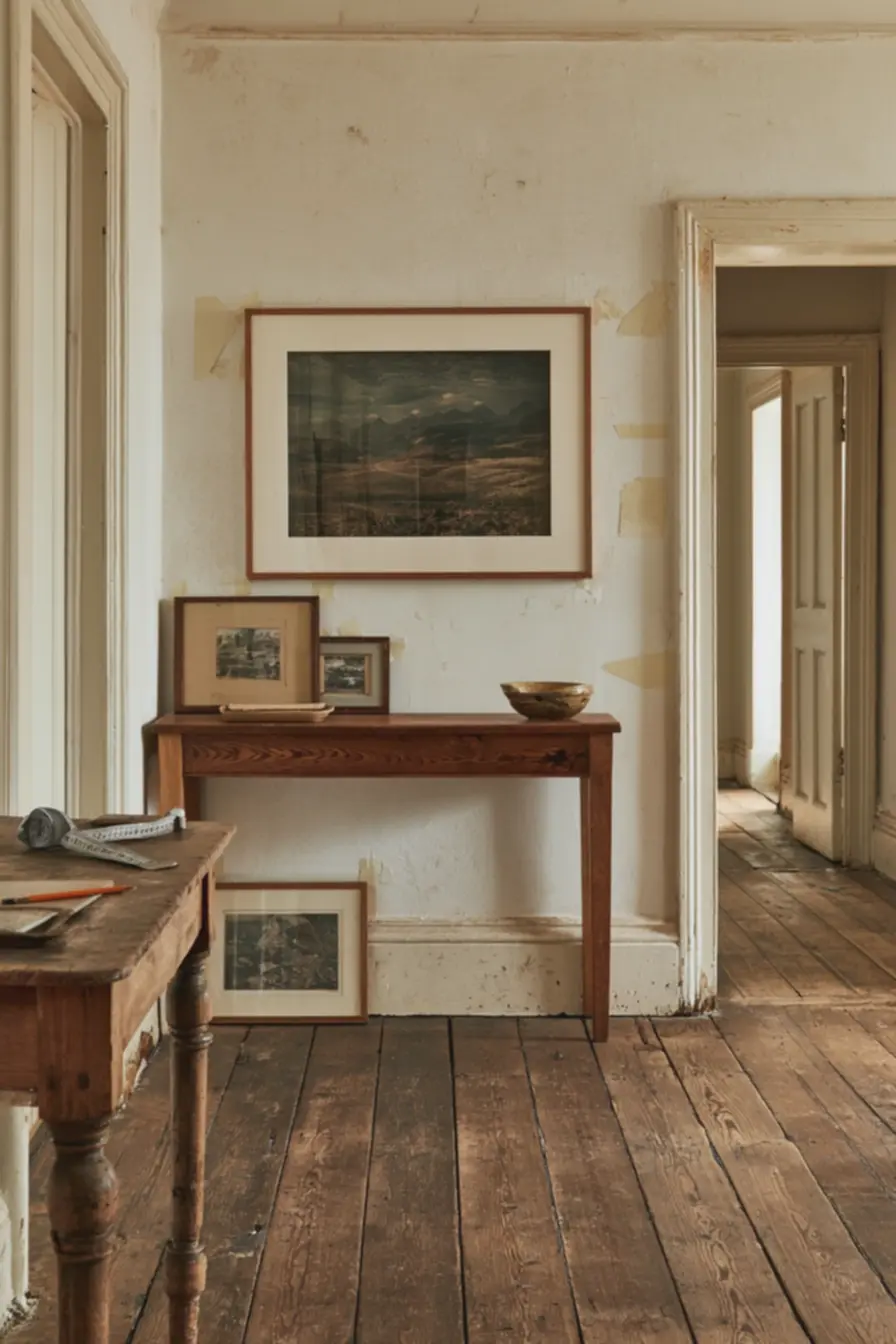 parede-de-corredor-em-fase-de-decoracao-mostrando-quadros-temporariamenteposicionados-e-espacos-demarcados 5 detalhes que fazem uma casa parecer vivida em vez de decorada parede-de-corredor-em-fase-de-decoracao-mostrando-quadros-temporariamenteposicionados-e-espacos-demarcados 5 detalhes que fazem uma casa parecer vivida em vez de decorada