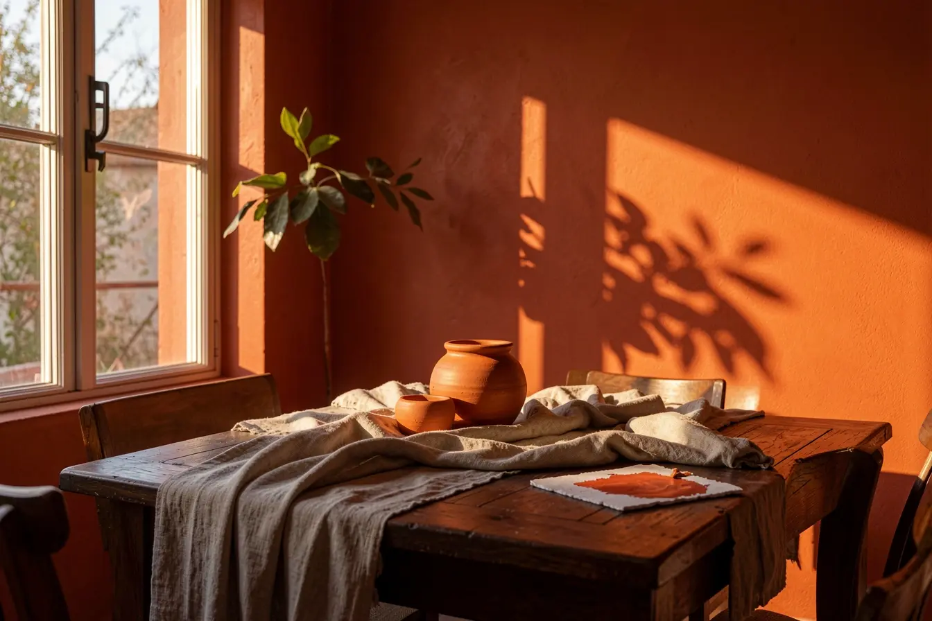 parede-terracota-junto-a-janela-ensolarada-revelando-uma-aparencia-mais-alaranjada-e-vibrante-na-sala-de-jantar A luz da casa pode mudar a leitura do azul, da terracota e do verde parede-terracota-junto-a-janela-ensolarada-revelando-uma-aparencia-mais-alaranjada-e-vibrante-na-sala-de-jantar A luz da casa pode mudar a leitura do azul, da terracota e do verde