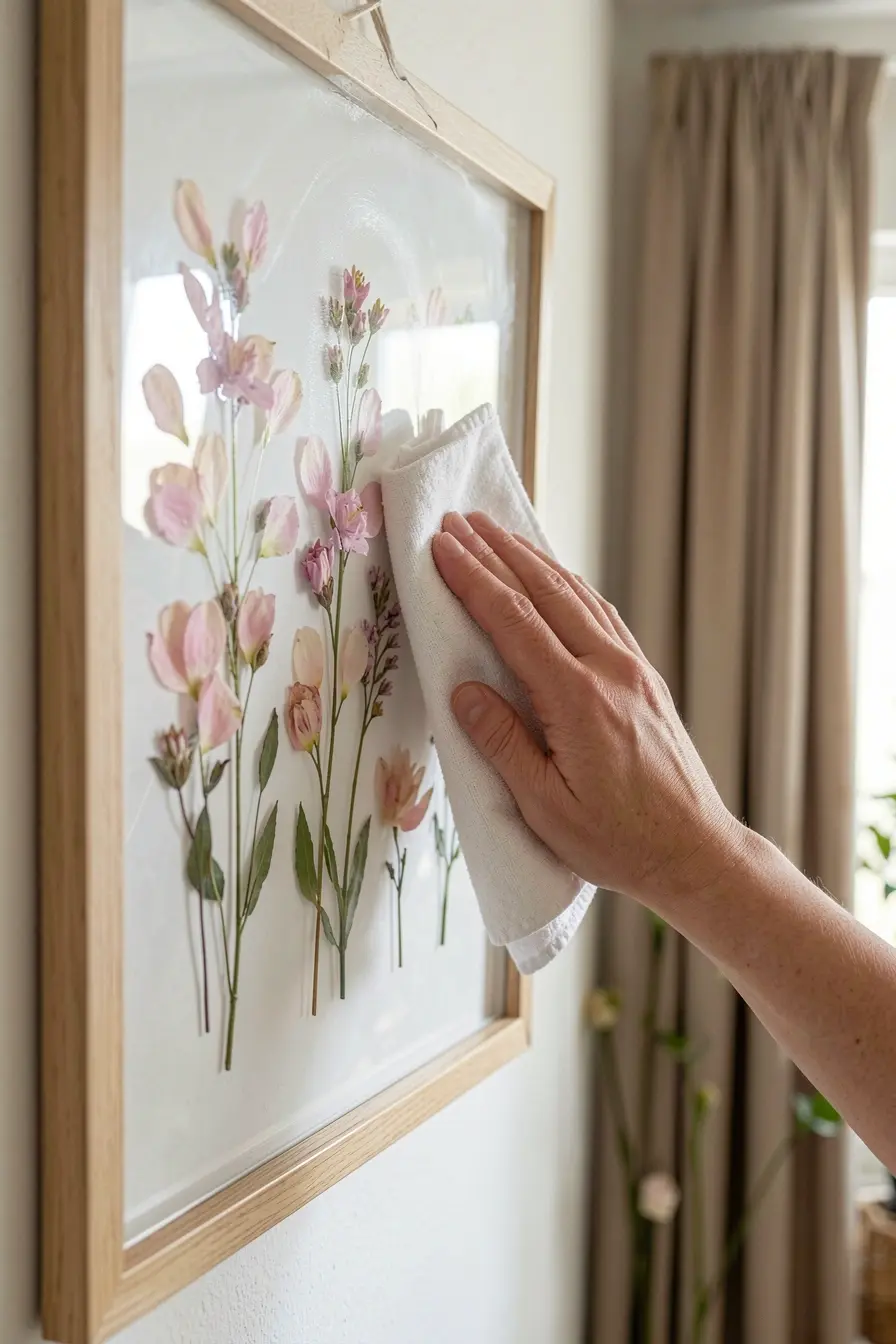 pessoa-limpa-o-vidro-de-um-quadro-com-flores-prensadas-para-preservar-as-petalas-em-uma-parede-protegida Para a flor prensada durar na parede, o inimigo pode ser a luz pessoa-limpa-o-vidro-de-um-quadro-com-flores-prensadas-para-preservar-as-petalas-em-uma-parede-protegida Para a flor prensada durar na parede, o inimigo pode ser a luz