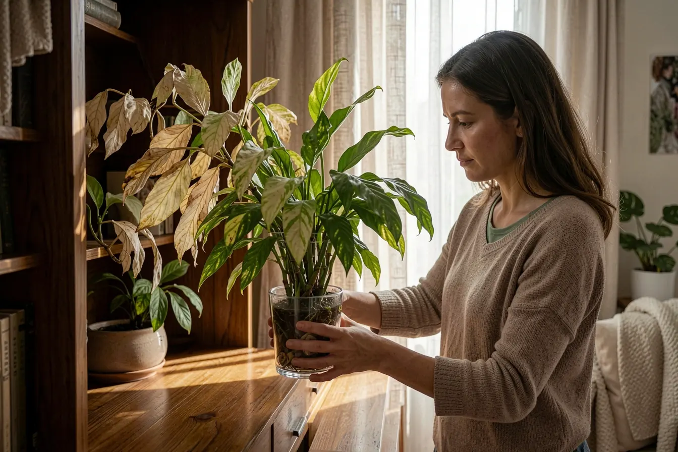 planta-com-folhas-palidas-sendo-reposicionada-perto-da-janela-para-recuperar-cor-e-vigor Folhas que mudam de cor: o que a planta revela sobre luz e cuidados planta-com-folhas-palidas-sendo-reposicionada-perto-da-janela-para-recuperar-cor-e-vigor Folhas que mudam de cor: o que a planta revela sobre luz e cuidados