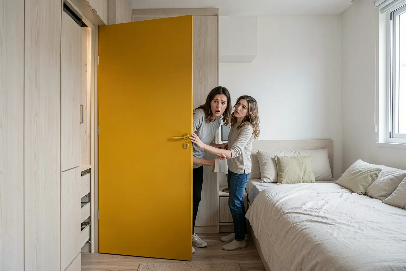 porta-do-quarto-aberta-bloqueando-o-armario-em-apartamento-pequeno Nos apartamentos de 2 quartos, a porta pode roubar espaço sem ninguém perceber porta-do-quarto-aberta-bloqueando-o-armario-em-apartamento-pequeno Nos apartamentos de 2 quartos, a porta pode roubar espaço sem ninguém perceber