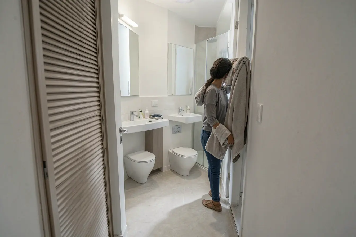 porta-sanfonada-recolhida-deixando-livre-a-passagem-diante-do-banheiro Nos apartamentos de 2 quartos, a porta pode roubar espaço sem ninguém perceber porta-sanfonada-recolhida-deixando-livre-a-passagem-diante-do-banheiro Nos apartamentos de 2 quartos, a porta pode roubar espaço sem ninguém perceber