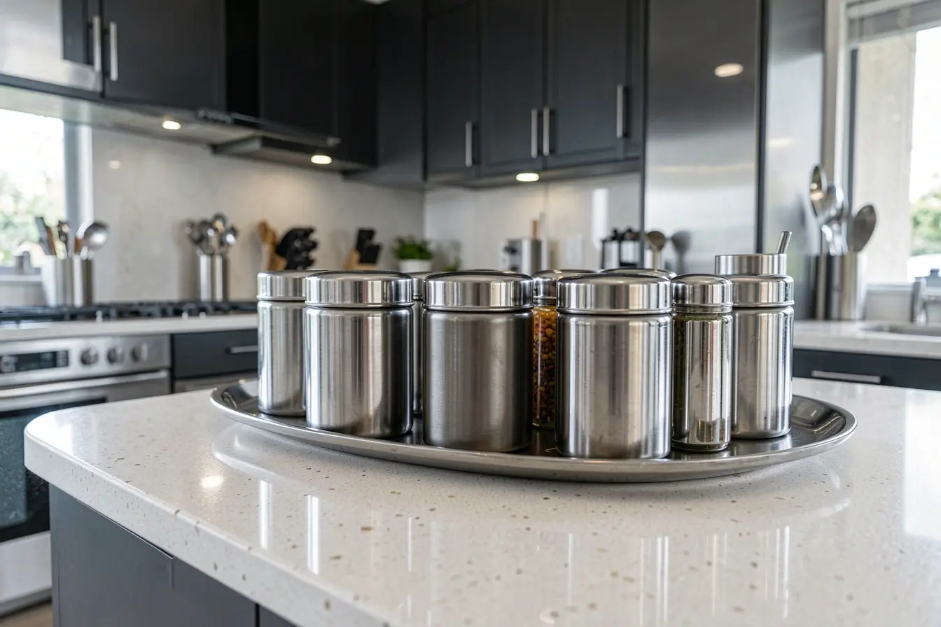 potes-metalicos-de-temperos-multiplicam-reflexos-em-uma-cozinha-contemporanea-com-acabamento-em-aco-inoxidavel O material dos potes de temperos pode deixar a cozinha leve ou visualmente carregada potes-metalicos-de-temperos-multiplicam-reflexos-em-uma-cozinha-contemporanea-com-acabamento-em-aco-inoxidavel O material dos potes de temperos pode deixar a cozinha leve ou visualmente carregada