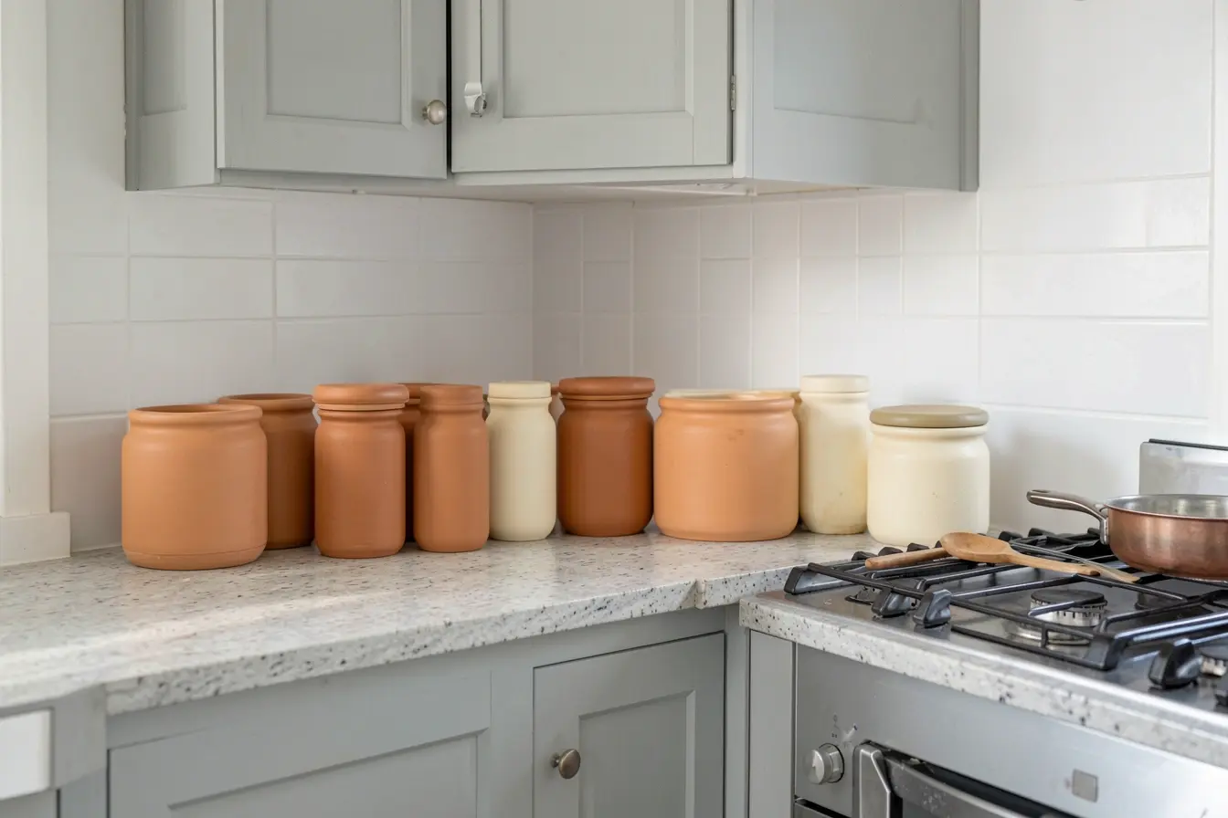 potes-opacos-de-ceramica-em-tons-quentes-reduzem-a-desordem-visual-de-uma-cozinha-fria O material dos potes de temperos pode deixar a cozinha leve ou visualmente carregada potes-opacos-de-ceramica-em-tons-quentes-reduzem-a-desordem-visual-de-uma-cozinha-fria O material dos potes de temperos pode deixar a cozinha leve ou visualmente carregada