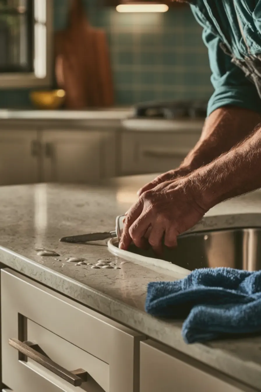 profissional-aplicando-silicone-branco-na-borda-de-pia-de-inox-em-bancadalaminada-branca Cozinha toda branca ainda vale a pena? O problema não é a cor, mas sim como ela é usada profissional-aplicando-silicone-branco-na-borda-de-pia-de-inox-em-bancadalaminada-branca Cozinha toda branca ainda vale a pena? O problema não é a cor, mas sim como ela é usada