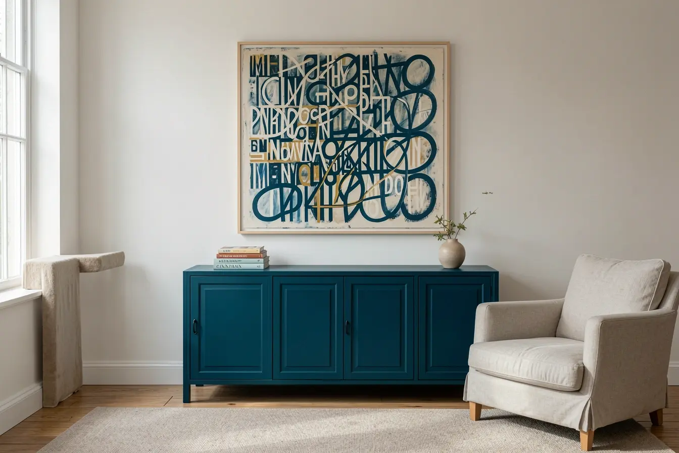 quadro-grande-valoriza-estante-baixa-azul-petroleo-com-poucos-livros-em-sala-de-leitura-sofisticada O que colocar ao redor de um móvel pintado para valorizar a peça sem sobrecarregar o ambiente quadro-grande-valoriza-estante-baixa-azul-petroleo-com-poucos-livros-em-sala-de-leitura-sofisticada O que colocar ao redor de um móvel pintado para valorizar a peça sem sobrecarregar o ambiente