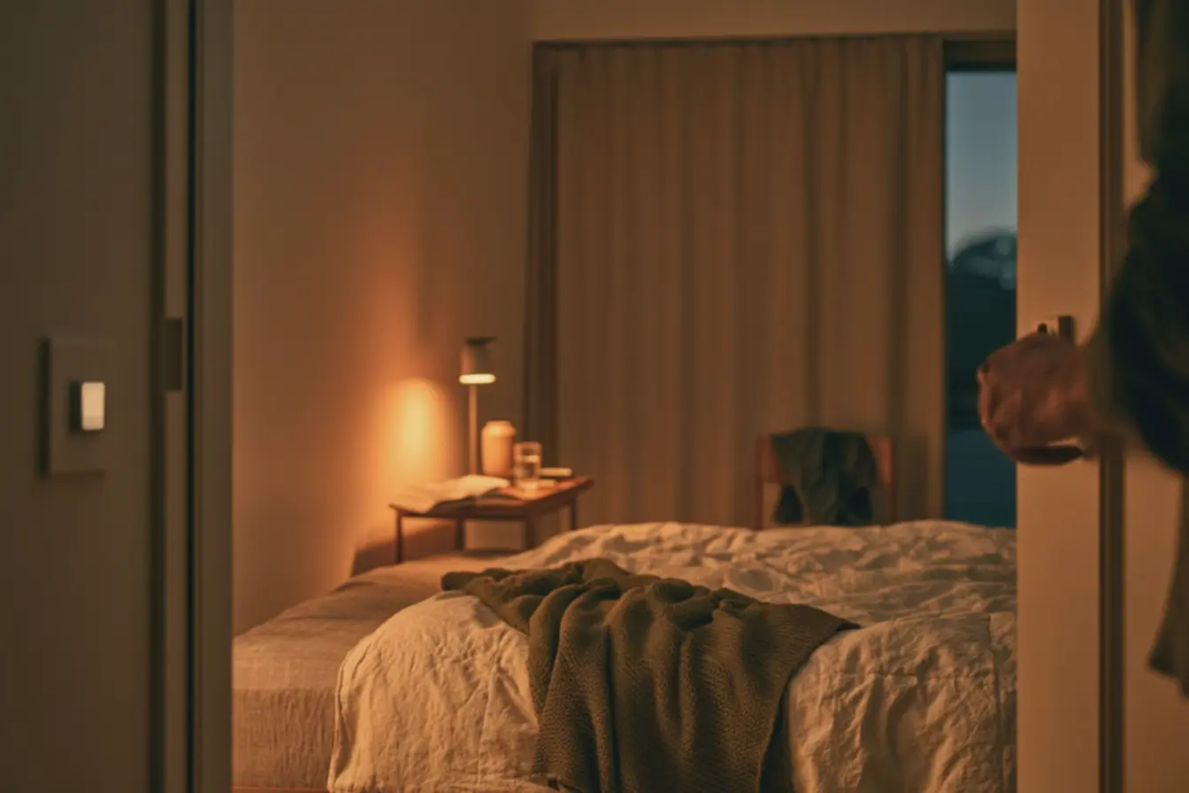 quarto-aconchegante-com-iluminacao-quente-e-dimmer-na-parede-criando-ambienterelaxante O quarto bonito não precisa parecer uma suíte de showroom quarto-aconchegante-com-iluminacao-quente-e-dimmer-na-parede-criando-ambienterelaxante O quarto bonito não precisa parecer uma suíte de showroom