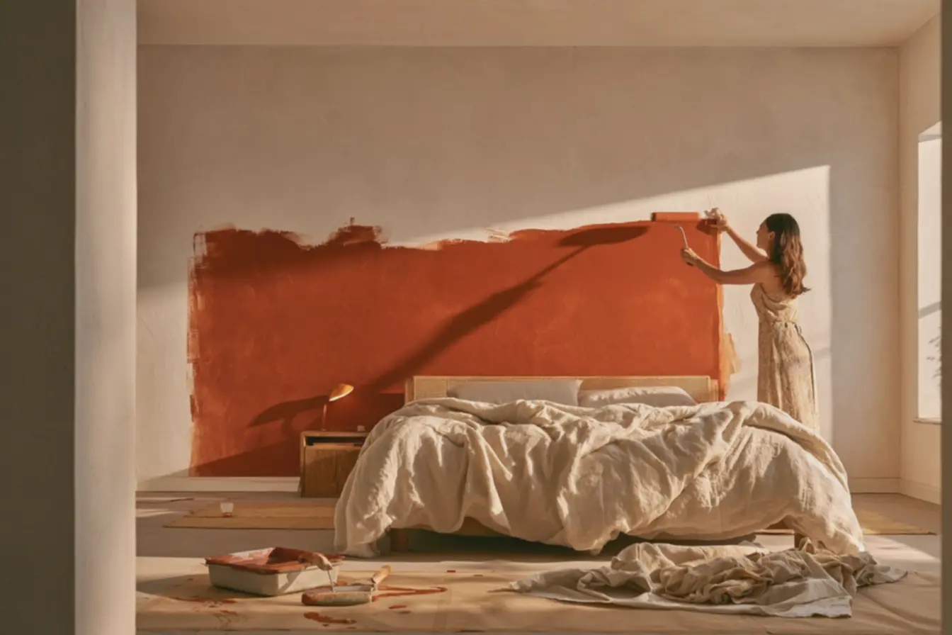 quarto-com-parede-de-destaque-em-pintura-terracota-com-textura-fosca-mostrandotransformacao-do-ambiente Chega de parede branca sem graça, veja como ter uma parede de destaque no quarto quarto-com-parede-de-destaque-em-pintura-terracota-com-textura-fosca-mostrandotransformacao-do-ambiente Chega de parede branca sem graça, veja como ter uma parede de destaque no quarto