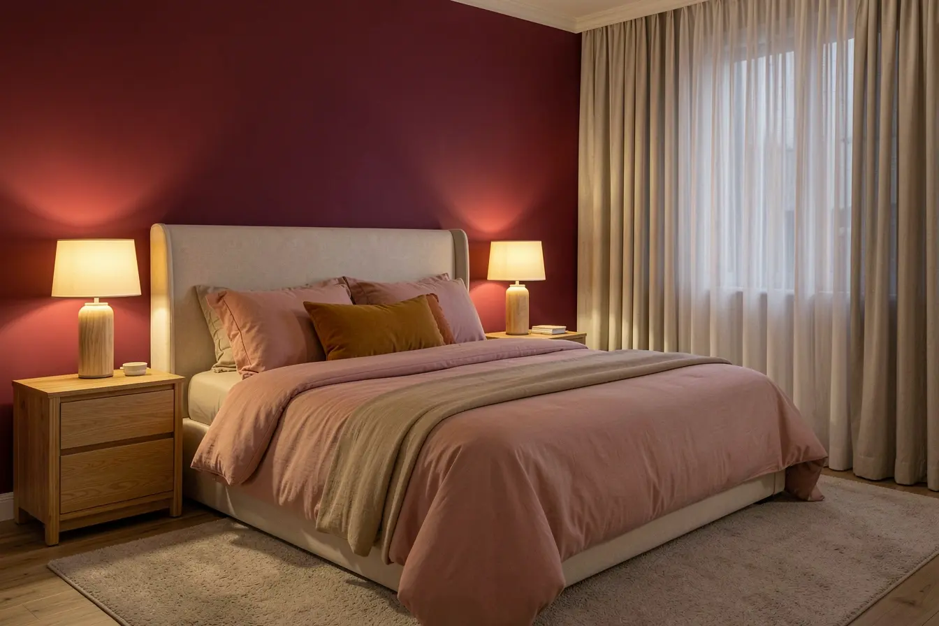 quarto-com-parede-marsala-roupa-de-cama-clara-iluminacao-quente-e-detalhe-mostarda-para-criar-aconchego Marsala na decoração: combinações de cores para suavizar ou destacar o ambiente quarto-com-parede-marsala-roupa-de-cama-clara-iluminacao-quente-e-detalhe-mostarda-para-criar-aconchego Marsala na decoração: combinações de cores para suavizar ou destacar o ambiente