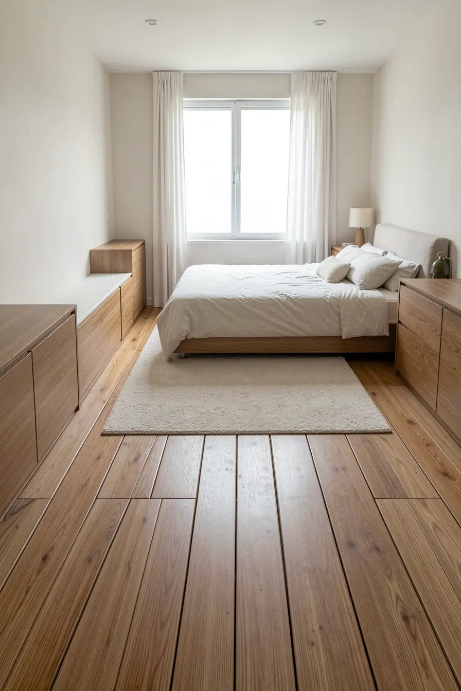 quarto-comprido-com-piso-amadeirado-transversal-equilibrando-proporcoes-e-posicao-dos-moveis A paginação do piso que imita madeira pode alongar ou diminuir o ambiente quarto-comprido-com-piso-amadeirado-transversal-equilibrando-proporcoes-e-posicao-dos-moveis A paginação do piso que imita madeira pode alongar ou diminuir o ambiente