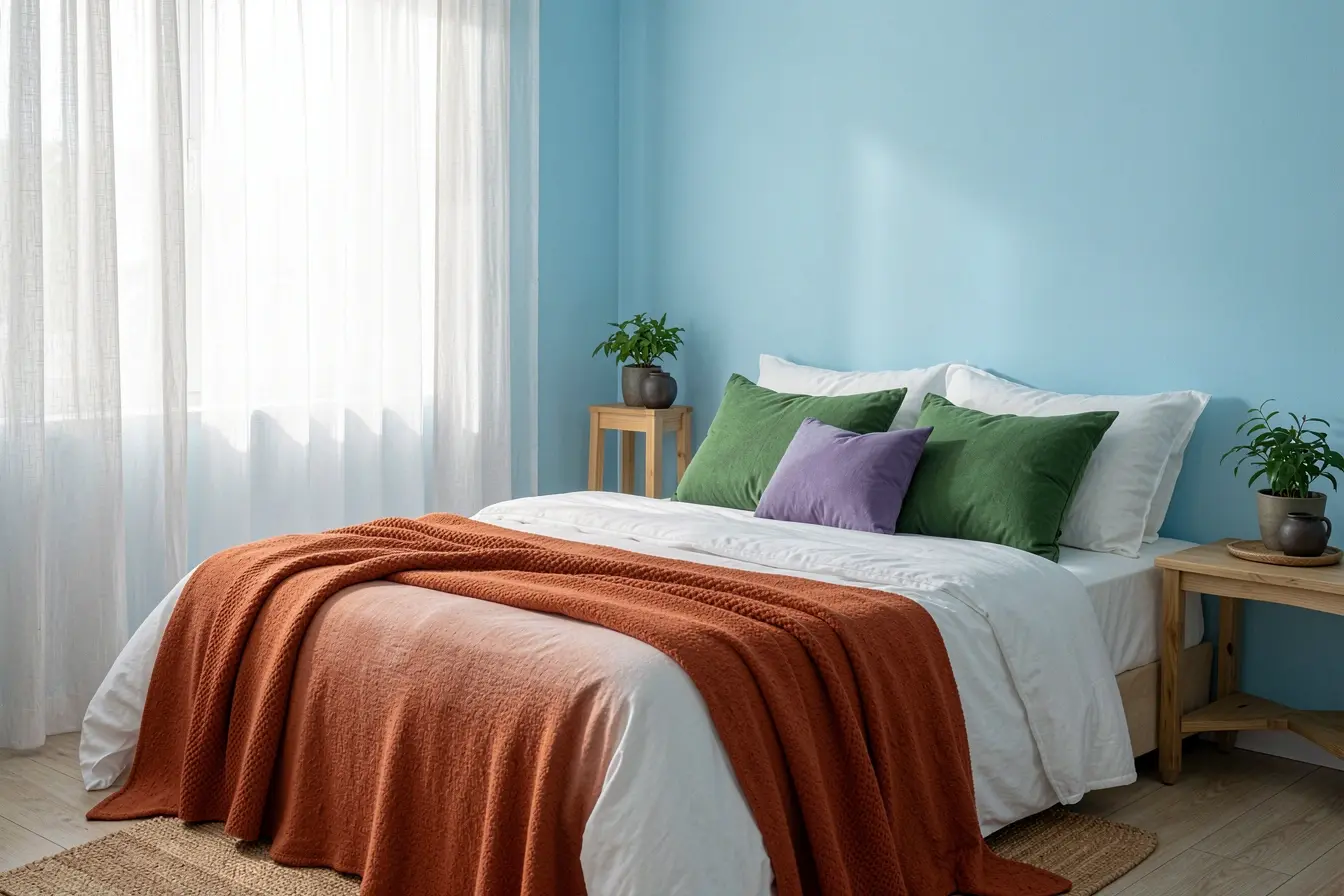 quarto-leve-com-azul-claro-terracota-suave-e-verde-salvia-na-decoracao Azul, terracota e verde juntos: o equilíbrio que faz a paleta funcionar na decoração quarto-leve-com-azul-claro-terracota-suave-e-verde-salvia-na-decoracao Azul, terracota e verde juntos: o equilíbrio que faz a paleta funcionar na decoração