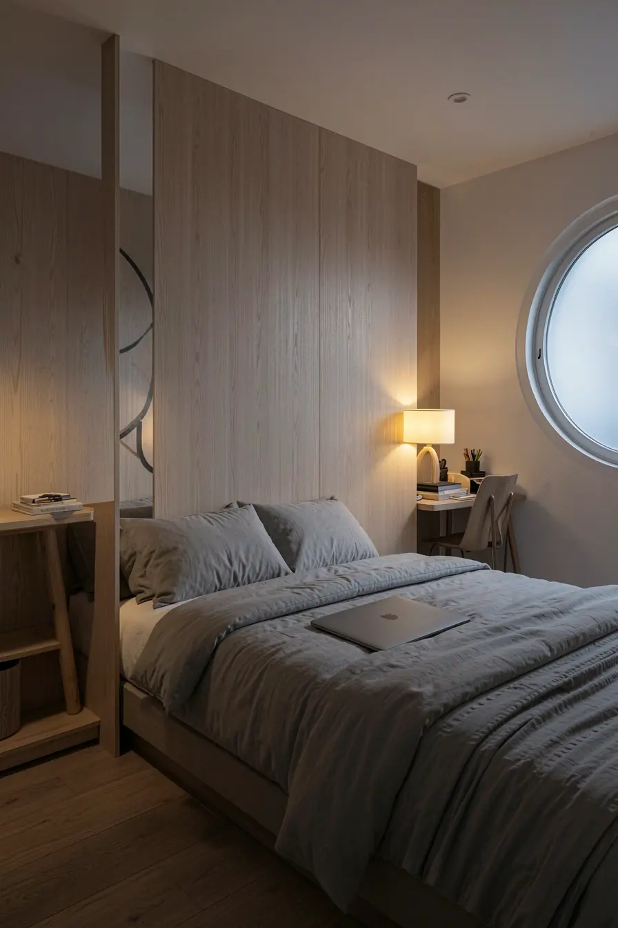 quarto-no-fim-do-dia-com-escritorio-oculto-por-divisoria-leve-e-cama-pronta-para-descanso Uma divisória leve pode separar trabalho e descanso sem escurecer o quarto quarto-no-fim-do-dia-com-escritorio-oculto-por-divisoria-leve-e-cama-pronta-para-descanso Uma divisória leve pode separar trabalho e descanso sem escurecer o quarto