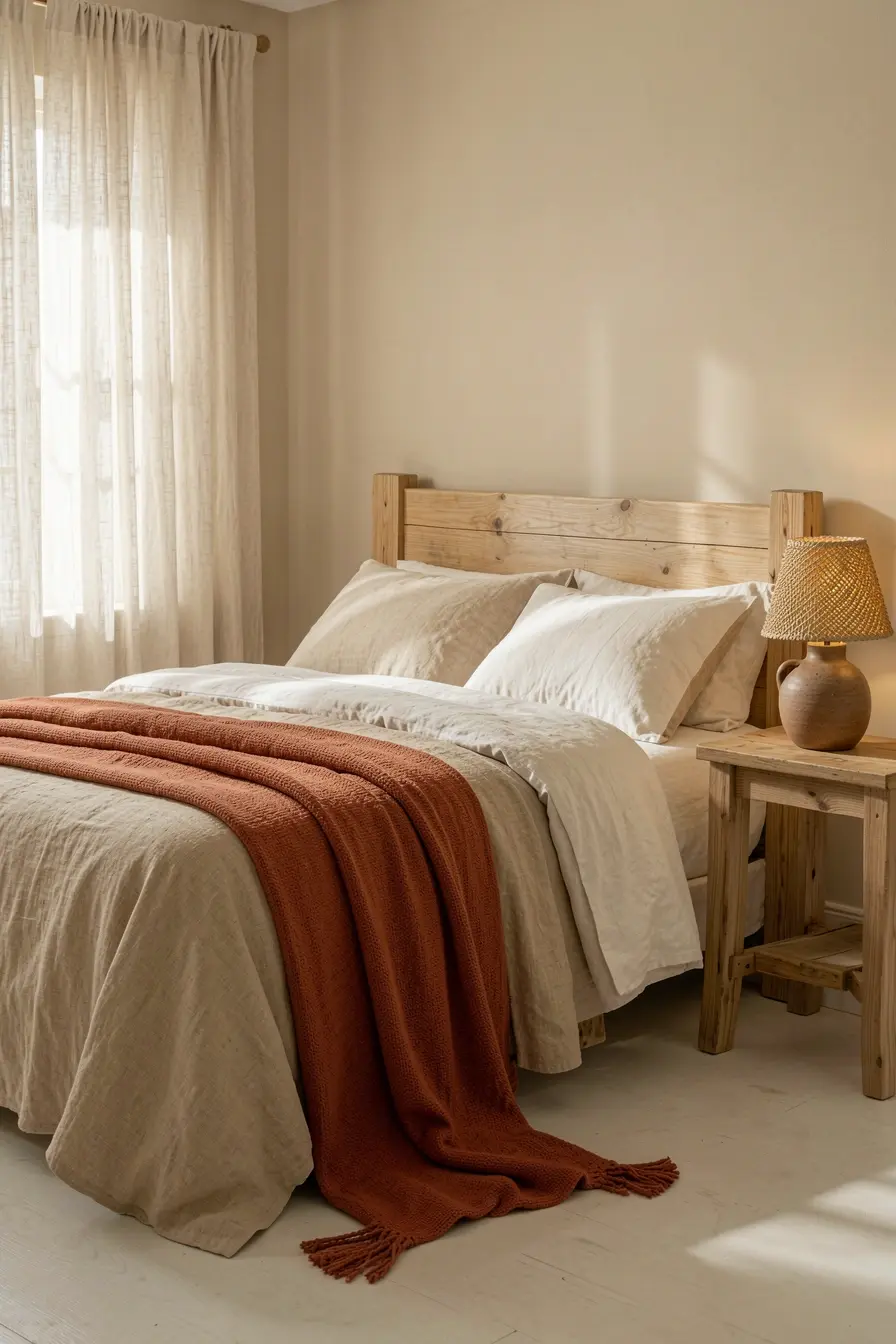 quarto-rustico-iluminado-com-cama-de-linho-madeira-clara-parede-bege-e-manta-terracota Decoração rústica sem ambientes escuros: a paleta que ilumina a casa quarto-rustico-iluminado-com-cama-de-linho-madeira-clara-parede-bege-e-manta-terracota Decoração rústica sem ambientes escuros: a paleta que ilumina a casa