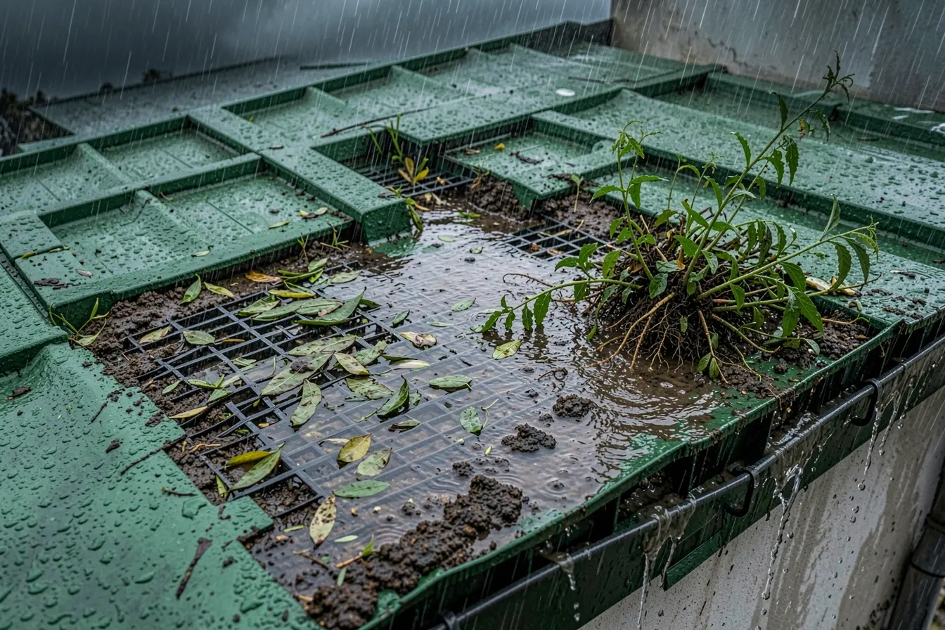 ralo-obstruido-deixa-agua-acumulada-e-transbordando-na-borda-de-um-telhado-verde Telhado verde na chuva: o que acontece com a água depois que ela cai ralo-obstruido-deixa-agua-acumulada-e-transbordando-na-borda-de-um-telhado-verde Telhado verde na chuva: o que acontece com a água depois que ela cai