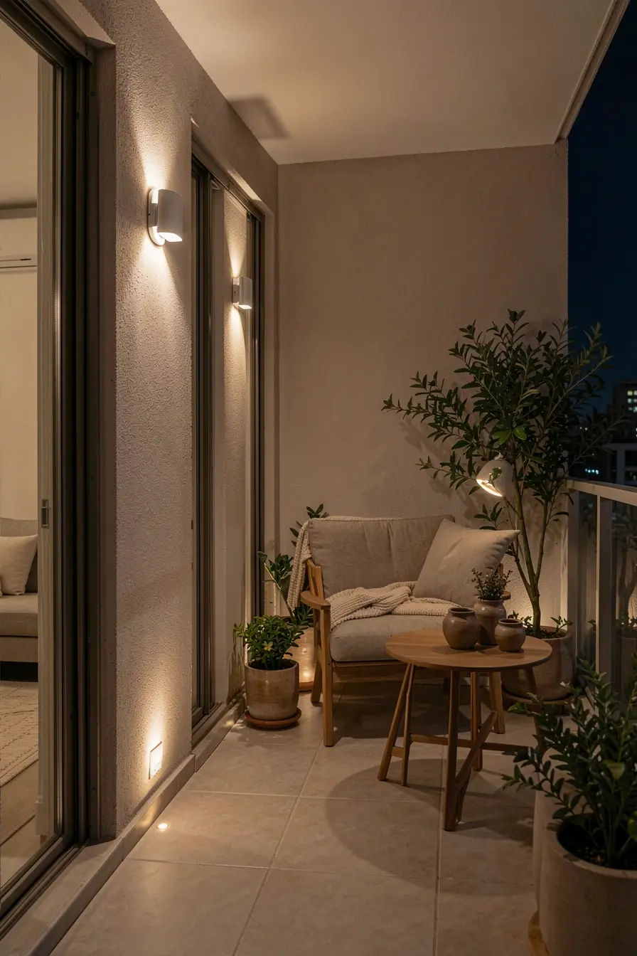 sacada-compacta-com-arandela-luz-baixa-e-plantas-iluminadas-para-criar-profundidade-durante-a-noite A iluminação certa faz a sacada do apartamento parecer maior depois que o sol vai embora sacada-compacta-com-arandela-luz-baixa-e-plantas-iluminadas-para-criar-profundidade-durante-a-noite A iluminação certa faz a sacada do apartamento parecer maior depois que o sol vai embora