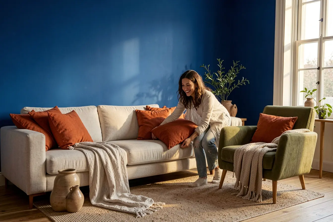sala-com-azul-profundo-terracota-e-verde-oliva-sendo-equilibrados-na-decoracao Azul, terracota e verde juntos: o equilíbrio que faz a paleta funcionar na decoração sala-com-azul-profundo-terracota-e-verde-oliva-sendo-equilibrados-na-decoracao Azul, terracota e verde juntos: o equilíbrio que faz a paleta funcionar na decoração