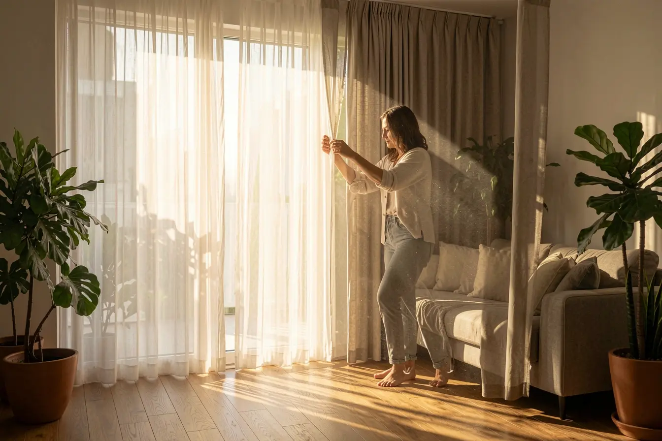 sala-com-cortinas-em-camadas-filtrando-o-sol-da-tarde-sem-escurecer-o-ambiente Cortinas e persianas certas ajudam a conter a variação térmica sem escurecer a casa sala-com-cortinas-em-camadas-filtrando-o-sol-da-tarde-sem-escurecer-o-ambiente Cortinas e persianas certas ajudam a conter a variação térmica sem escurecer a casa