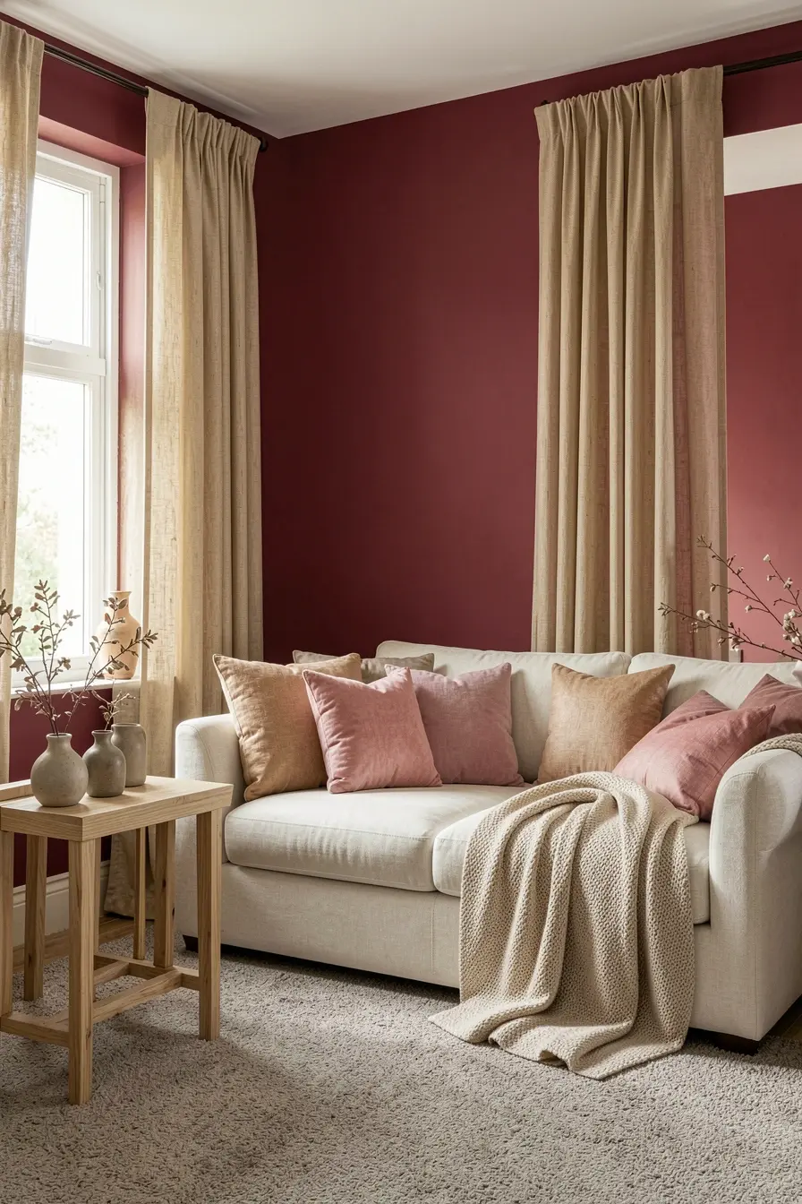 sala-com-parede-marsala-suavizada-por-sofa-off-white-tons-greige-madeira-clara-e-iluminacao-natural Marsala na decoração: combinações de cores para suavizar ou destacar o ambiente sala-com-parede-marsala-suavizada-por-sofa-off-white-tons-greige-madeira-clara-e-iluminacao-natural Marsala na decoração: combinações de cores para suavizar ou destacar o ambiente
