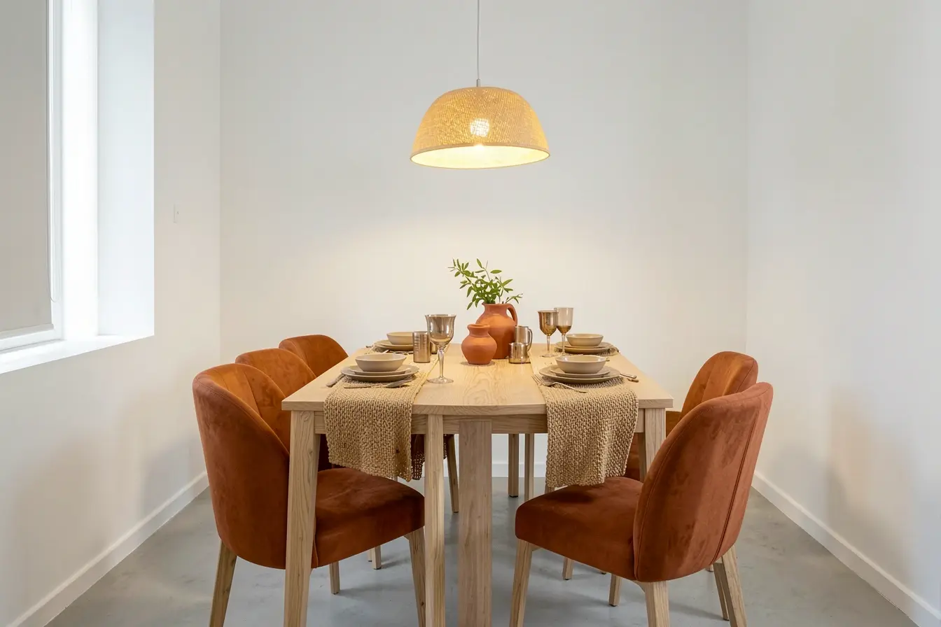 sala-de-jantar-com-madeira-clara-tons-terracota-e-iluminacao-suave-para-criar-sensacao-de-calor-e-acolhimento Os materiais e cores que podem deixar a casa mais quente sem você perceber sala-de-jantar-com-madeira-clara-tons-terracota-e-iluminacao-suave-para-criar-sensacao-de-calor-e-acolhimento Os materiais e cores que podem deixar a casa mais quente sem você perceber