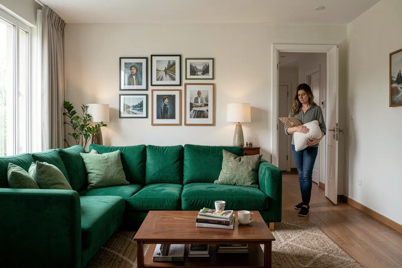 sala-decorada-para-foto-viral-com-sofa-bloqueando-a-passagem-e-moradora-avaliando-a-circulacao Por que a decoração viral parece perfeita na foto, mas falha na planta da casa sala-decorada-para-foto-viral-com-sofa-bloqueando-a-passagem-e-moradora-avaliando-a-circulacao Por que a decoração viral parece perfeita na foto, mas falha na planta da casa