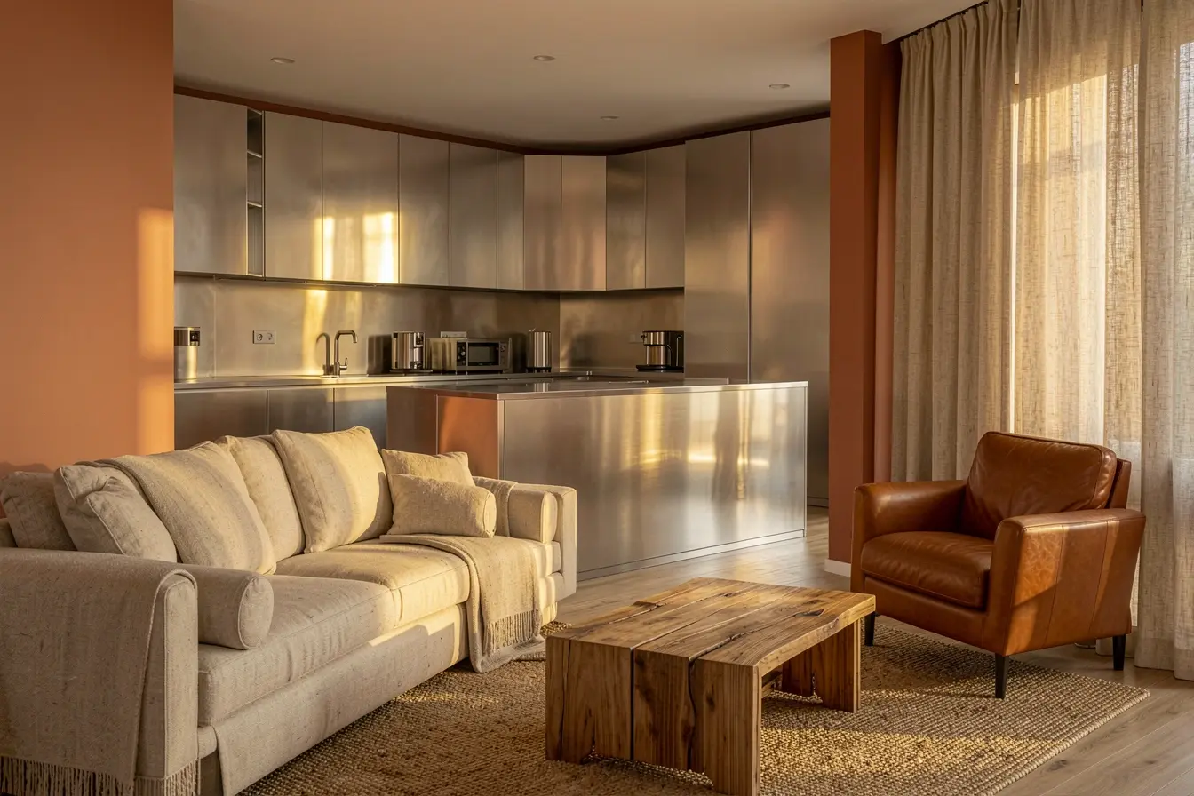 sala-integrada-a-cozinha-com-ilha-de-inox-sofa-de-tecido-madeira-couro-caramelo-e-fibras-naturais O inox pode deixar a casa fria? Materiais que equilibram seu brilho na decoração sala-integrada-a-cozinha-com-ilha-de-inox-sofa-de-tecido-madeira-couro-caramelo-e-fibras-naturais O inox pode deixar a casa fria? Materiais que equilibram seu brilho na decoração