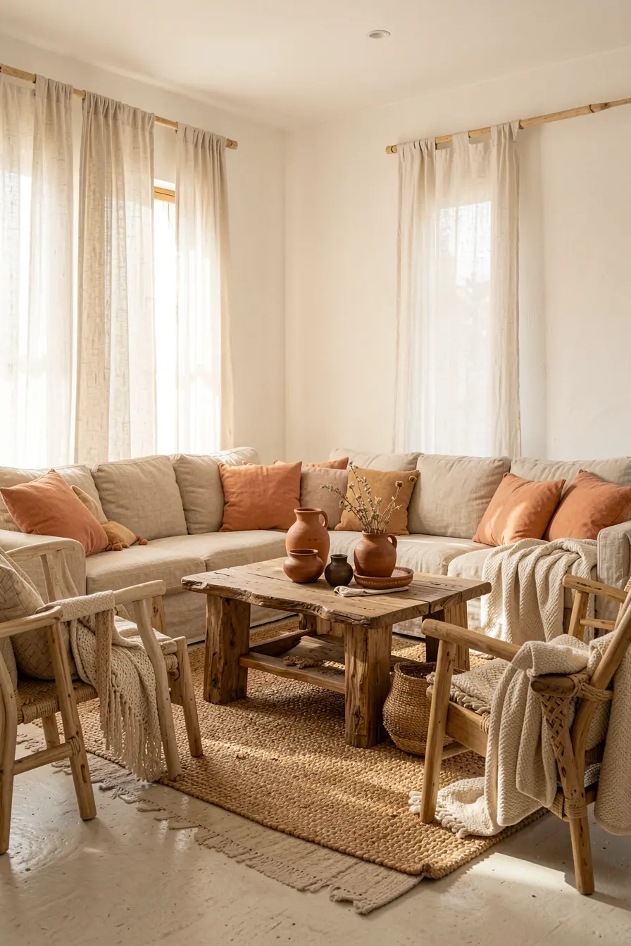 sala-rustica-clara-com-sofa-bege-fibras-naturais-madeira-clara-e-detalhes-em-terracota-suave Decoração rústica sem ambientes escuros: a paleta que ilumina a casa sala-rustica-clara-com-sofa-bege-fibras-naturais-madeira-clara-e-detalhes-em-terracota-suave Decoração rústica sem ambientes escuros: a paleta que ilumina a casa