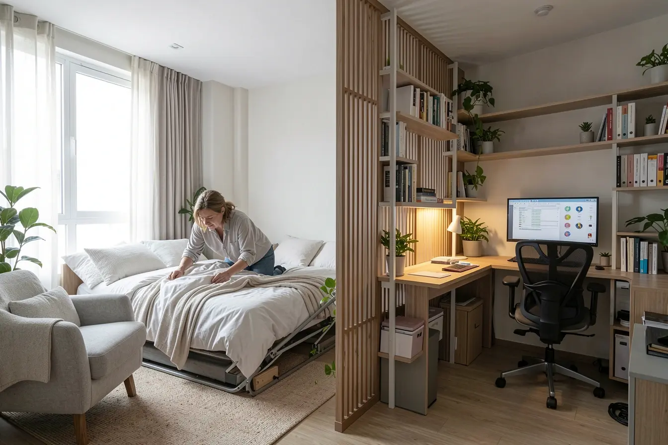 segundo-quarto-de-apartamento-dividido-entre-quarto-de-hospedes-e-escritorio-funcional Apartamentos de 2 quartos têm um dilema: o segundo ambiente será quarto ou escritório? segundo-quarto-de-apartamento-dividido-entre-quarto-de-hospedes-e-escritorio-funcional Apartamentos de 2 quartos têm um dilema: o segundo ambiente será quarto ou escritório?