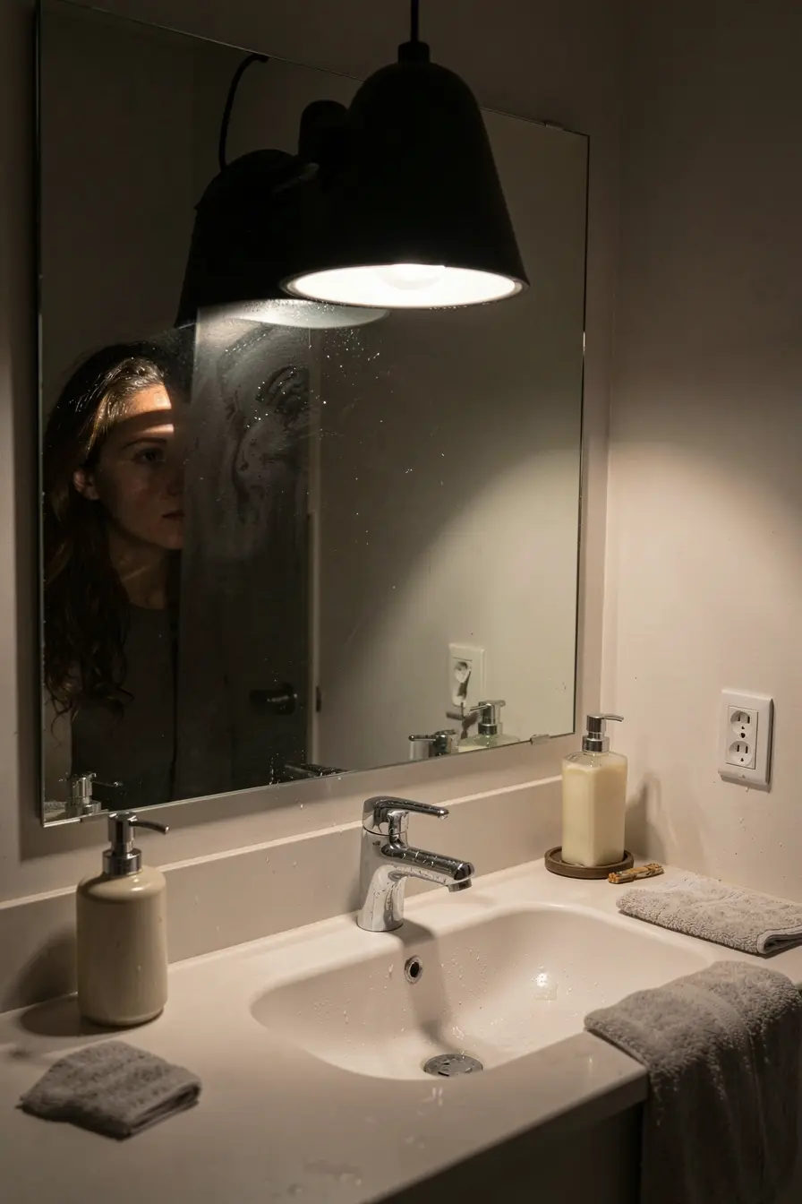 sombras-no-espelho-causadas-por-abajur-mal-posicionado-ao-lado-da-pia-do-banheiro Cúpulas, lâmpadas e tomadas: escolhas seguras para pequenos abajures na cozinha e no banheiro sombras-no-espelho-causadas-por-abajur-mal-posicionado-ao-lado-da-pia-do-banheiro Cúpulas, lâmpadas e tomadas: escolhas seguras para pequenos abajures na cozinha e no banheiro