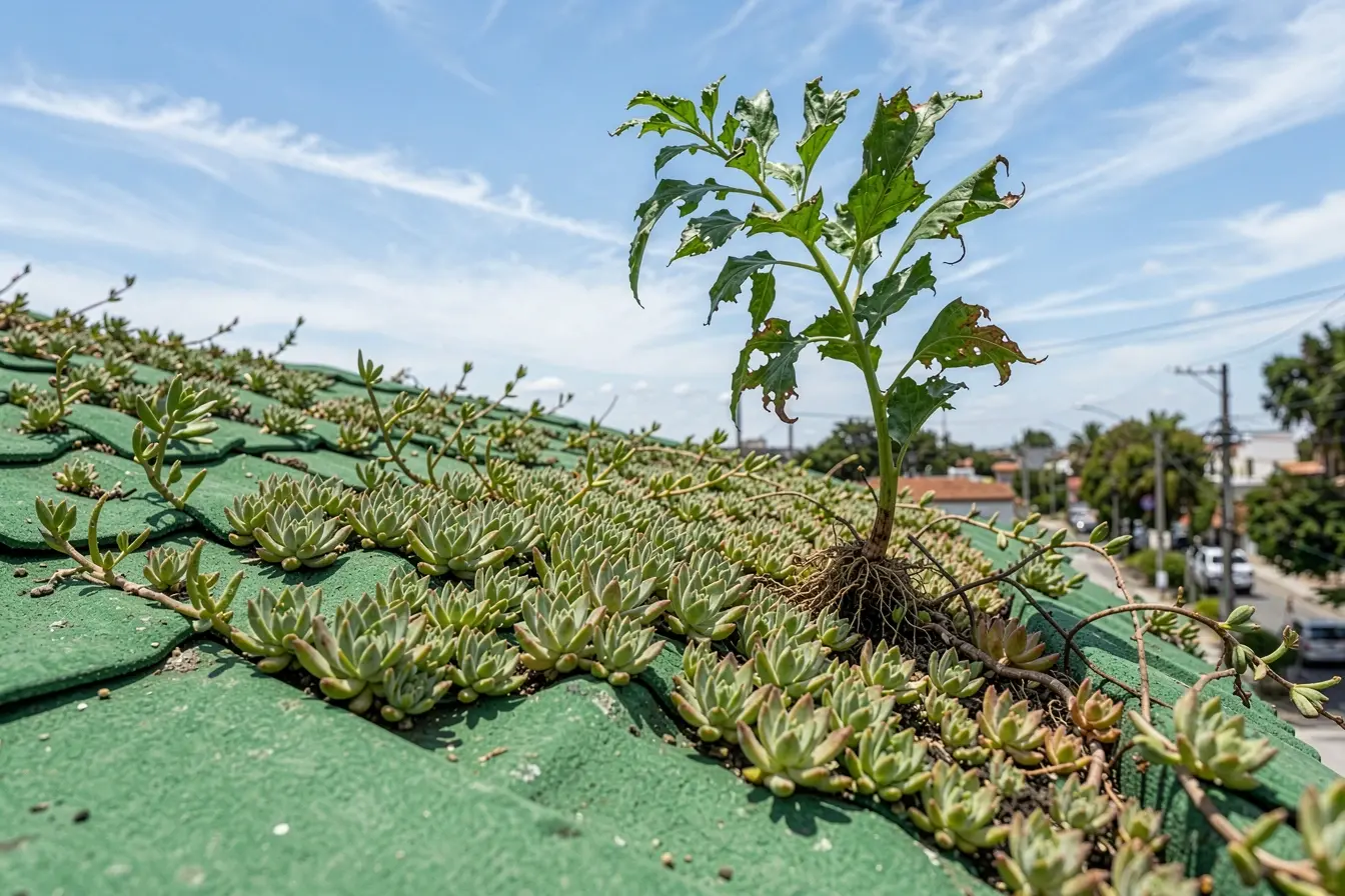 telhado-verde-sob-vento-mostrando-suculentas-firmes-e-planta-alta-tombada-com-raizes-expostas Nem toda planta suporta um telhado verde: espécies que unem beleza e resistência telhado-verde-sob-vento-mostrando-suculentas-firmes-e-planta-alta-tombada-com-raizes-expostas Nem toda planta suporta um telhado verde: espécies que unem beleza e resistência