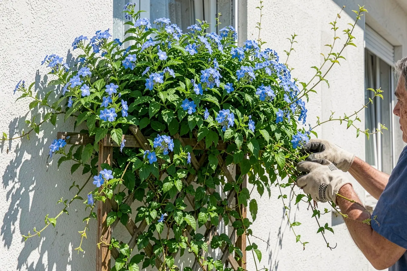 tumbergia-azul-de-crescimento-vigoroso-sendo-conduzida-para-longe-de-janela-e-calha Fachadas com flores: espécies trepadeiras que embelezam sem danificar a parede tumbergia-azul-de-crescimento-vigoroso-sendo-conduzida-para-longe-de-janela-e-calha Fachadas com flores: espécies trepadeiras que embelezam sem danificar a parede