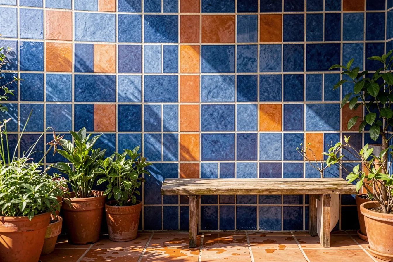 varanda-com-azulejos-azuis-e-terracota-unidos-por-rejunte-bege-em-composicao-equilibrada A cor do rejunte pode valorizar ou apagar as cores de azulejos da sua casa varanda-com-azulejos-azuis-e-terracota-unidos-por-rejunte-bege-em-composicao-equilibrada A cor do rejunte pode valorizar ou apagar as cores de azulejos da sua casa