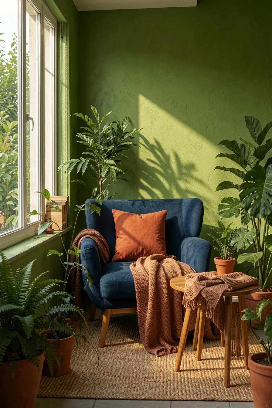 varanda-de-leitura-com-verde-musgo-poltrona-azul-marinho-e-detalhes-terracota Azul, terracota e verde juntos: o equilíbrio que faz a paleta funcionar na decoração varanda-de-leitura-com-verde-musgo-poltrona-azul-marinho-e-detalhes-terracota Azul, terracota e verde juntos: o equilíbrio que faz a paleta funcionar na decoração