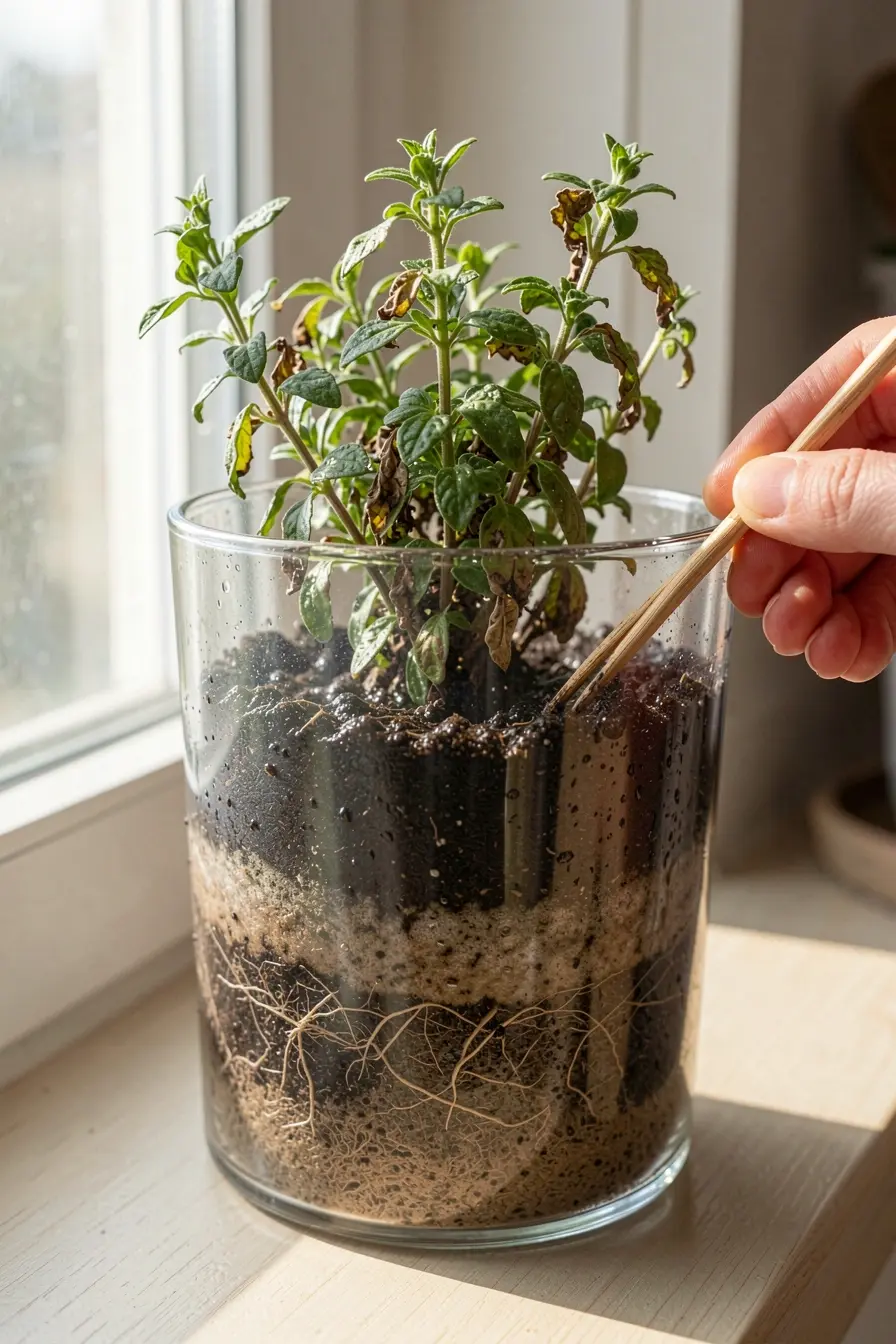 vaso-transparente-revela-terra-umida-na-superficie-e-solo-seco-junto-as-raizes-de-uma-planta-murcha Plantas que aguentam calor também murcham quando a rega comete este erro vaso-transparente-revela-terra-umida-na-superficie-e-solo-seco-junto-as-raizes-de-uma-planta-murcha Plantas que aguentam calor também murcham quando a rega comete este erro