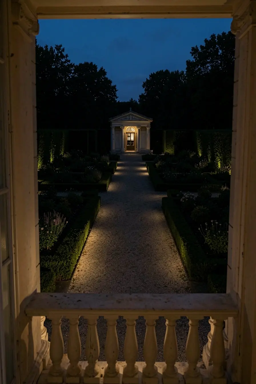 vista-da-varanda-para-jardim-frances-com-caminho-iluminado-canteiros-simetricos-e-centro-preservado-na-sombra Quando escurece, a simetria do jardim francês pede uma iluminação cuidadosa vista-da-varanda-para-jardim-frances-com-caminho-iluminado-canteiros-simetricos-e-centro-preservado-na-sombra Quando escurece, a simetria do jardim francês pede uma iluminação cuidadosa
