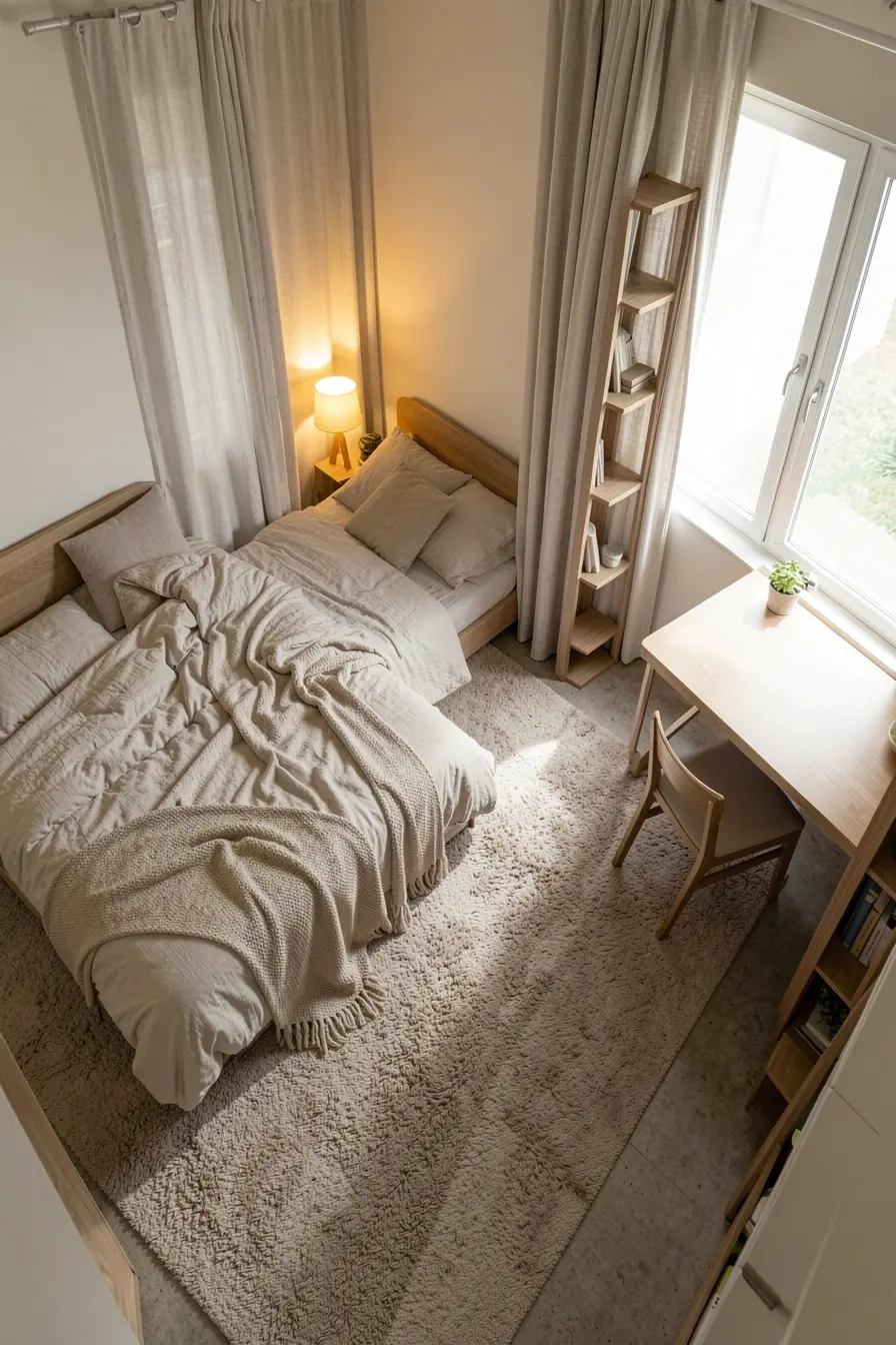 vista-superior-de-quarto-com-cama-e-mesa-separados-por-tapete-iluminacao-e-estante-vazada Entre cama e mesa, a divisão visual que deixa o quarto mais leve e funcional vista-superior-de-quarto-com-cama-e-mesa-separados-por-tapete-iluminacao-e-estante-vazada Entre cama e mesa, a divisão visual que deixa o quarto mais leve e funcional