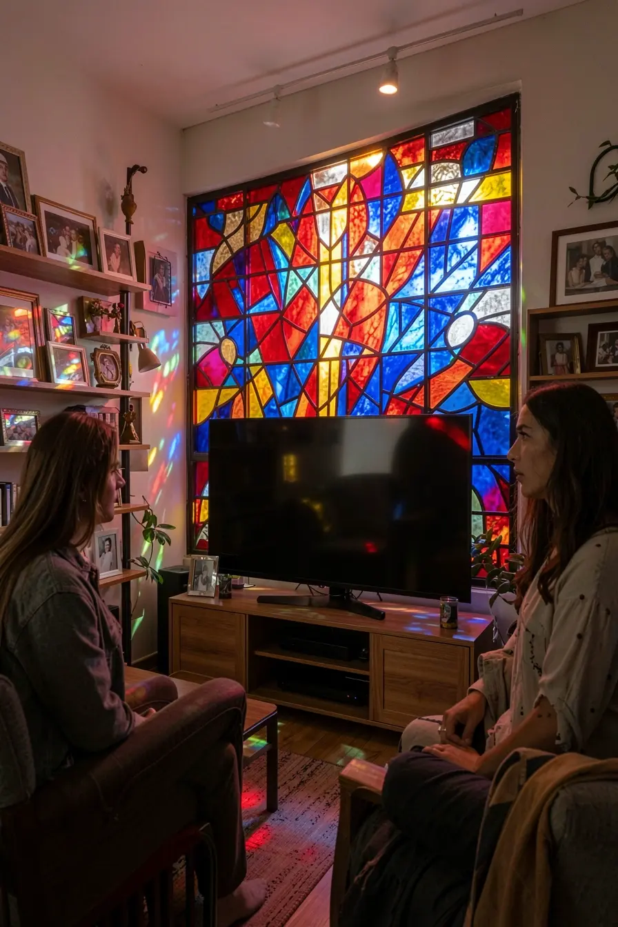 vitral-colorido-atras-da-televisao-cria-excesso-visual-em-uma-sala-compacta-e-pouco-confortavel Nem toda parede merece um vitral: os ambientes que valorizam luz e transparência vitral-colorido-atras-da-televisao-cria-excesso-visual-em-uma-sala-compacta-e-pouco-confortavel Nem toda parede merece um vitral: os ambientes que valorizam luz e transparência