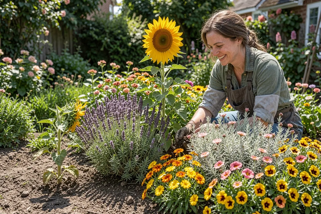 antes-e-depois-de-um-girassol-solitario-transformado-em-canteiro-colorido-com-lavanda-alecrim-tagetes-e-zinias Girassol no jardim fica mais bonito ao lado destas plantas companheiras antes-e-depois-de-um-girassol-solitario-transformado-em-canteiro-colorido-com-lavanda-alecrim-tagetes-e-zinias Girassol no jardim fica mais bonito ao lado destas plantas companheiras