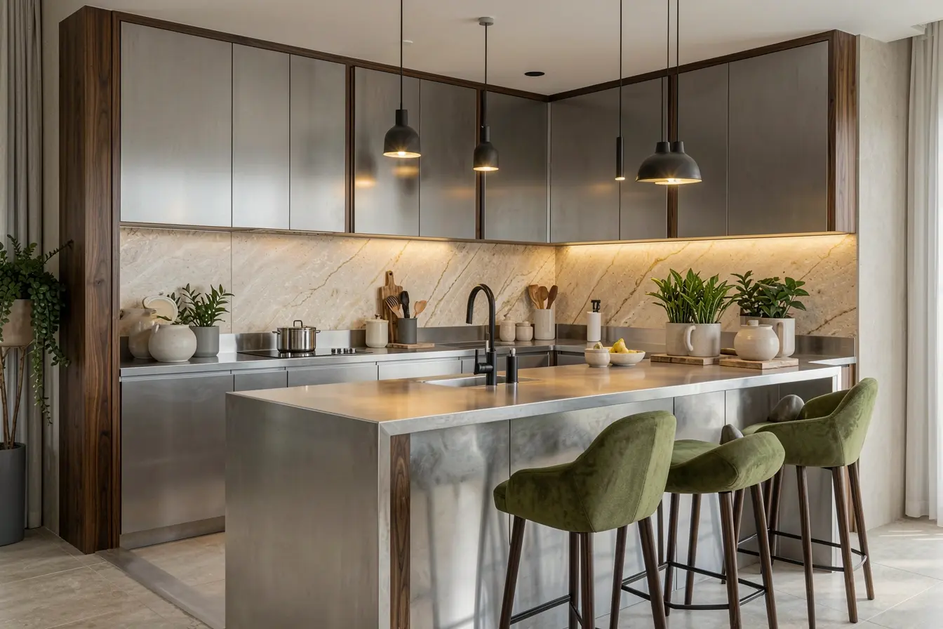 area-gourmet-com-balcao-de-aco-inox-suave-madeira-pedra-bege-e-detalhes-em-preto-fosco Móveis de aço inox sem aparência industrial: acabamentos que aquecem a decoração area-gourmet-com-balcao-de-aco-inox-suave-madeira-pedra-bege-e-detalhes-em-preto-fosco Móveis de aço inox sem aparência industrial: acabamentos que aquecem a decoração