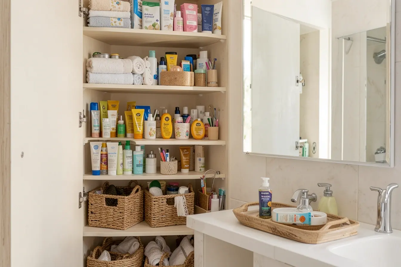 armario-de-banheiro-organiza-produtos-diarios-ao-alcance-e-itens-de-reposicao-fora-da-area-de-uso O que deixar à mão na cozinha, no banheiro e no hall para conter a desordem armario-de-banheiro-organiza-produtos-diarios-ao-alcance-e-itens-de-reposicao-fora-da-area-de-uso O que deixar à mão na cozinha, no banheiro e no hall para conter a desordem