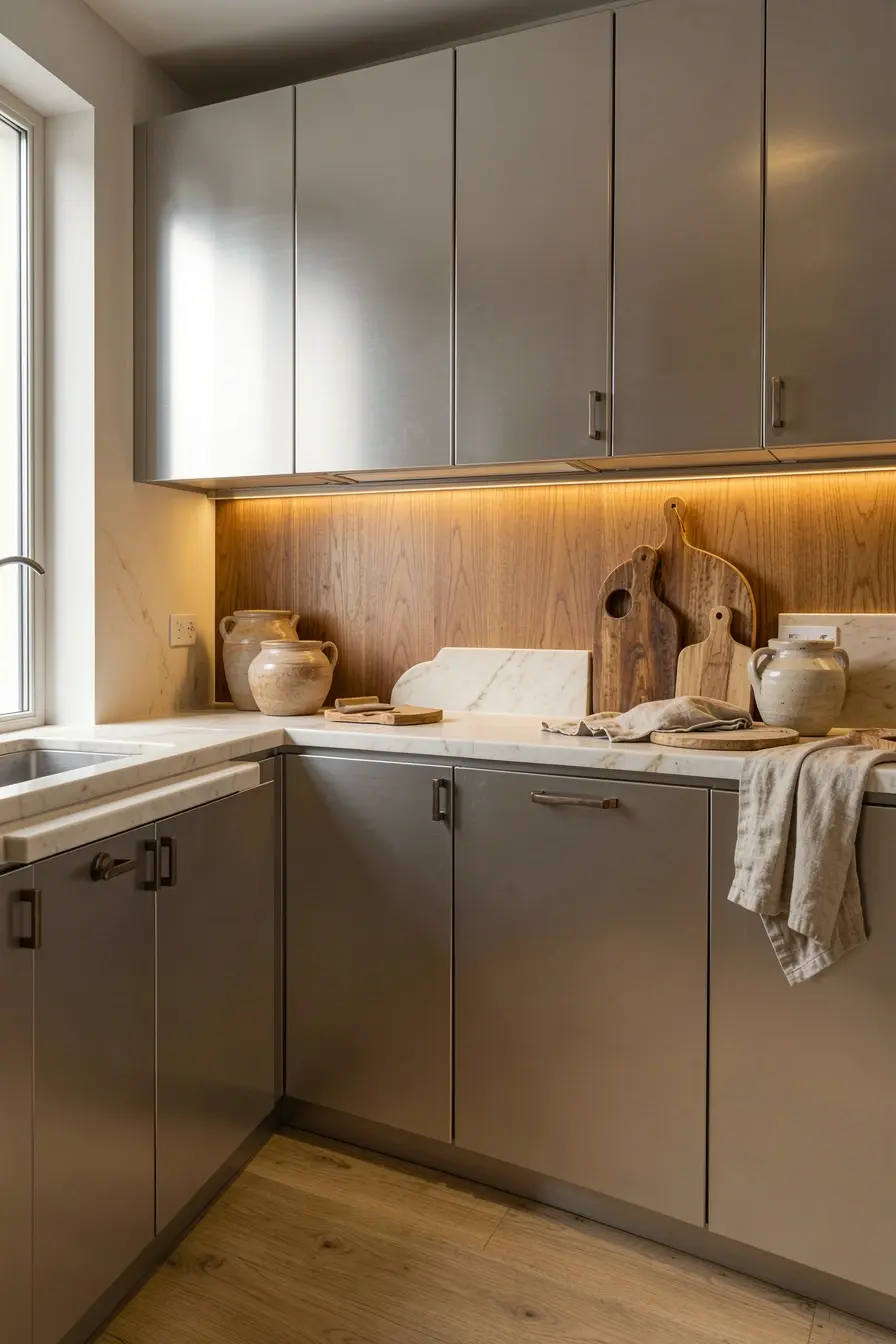 armarios-de-aco-inox-acetinado-com-puxadores-de-bronze-em-cozinha-residencial-aconchegante-1 Móveis de aço inox sem aparência industrial: acabamentos que aquecem a decoração armarios-de-aco-inox-acetinado-com-puxadores-de-bronze-em-cozinha-residencial-aconchegante-1 Móveis de aço inox sem aparência industrial: acabamentos que aquecem a decoração