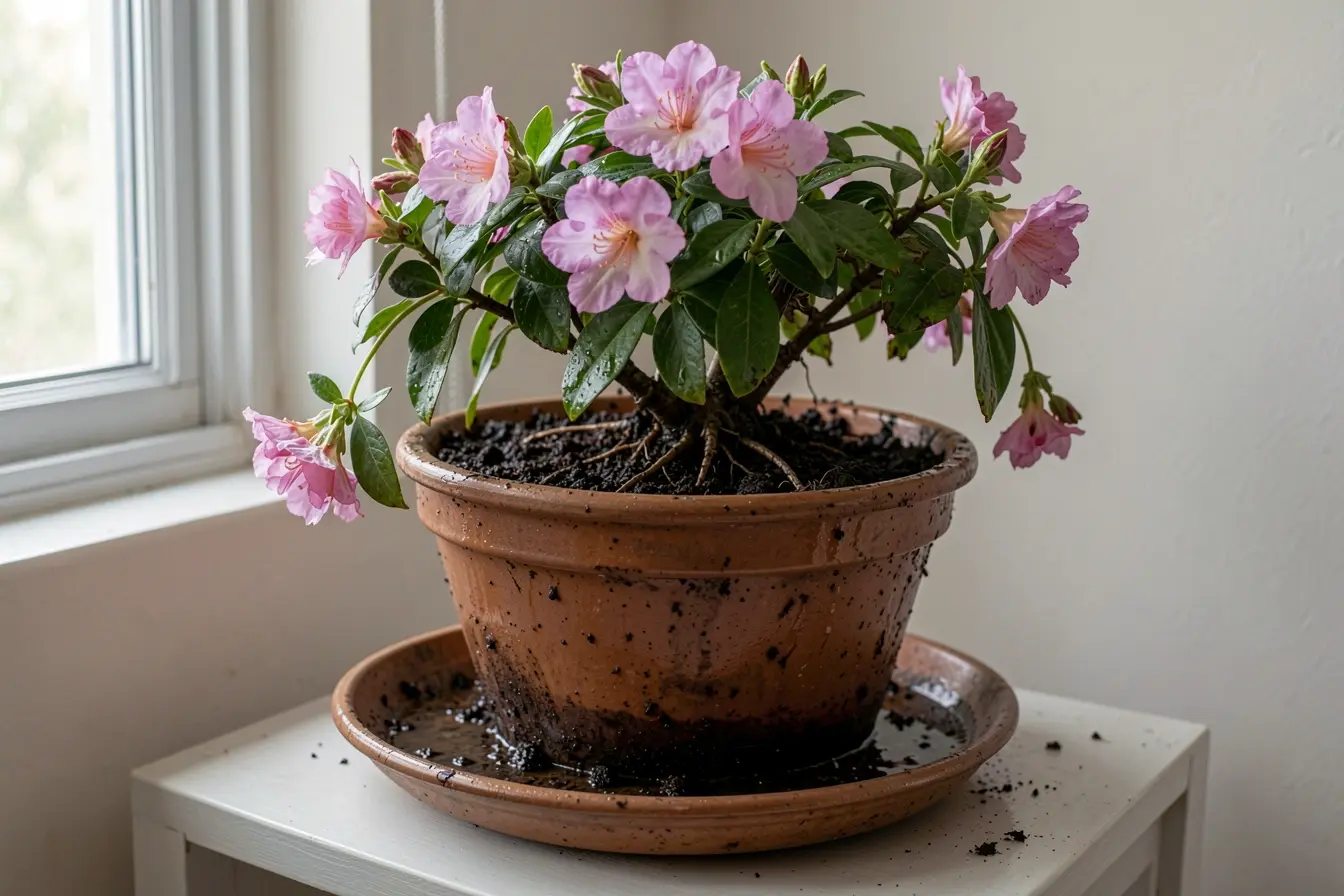 azaleia-florida-em-vaso-grande-demais-com-excesso-de-agua-raizes-sufocadas-e-composicao-visual-desequilibrada Nem todo vaso serve para flores dentro de casa durarem mais e florescerem bonitas azaleia-florida-em-vaso-grande-demais-com-excesso-de-agua-raizes-sufocadas-e-composicao-visual-desequilibrada Nem todo vaso serve para flores dentro de casa durarem mais e florescerem bonitas